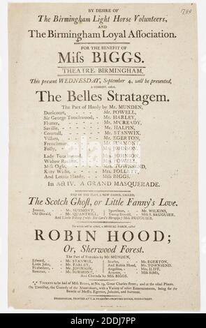 Theater Bill, Birmingham Theater, 1799, Sozialgeschichte, Theater, Tanz, Birmingham Geschichte, Schauspieler, Theater, Interpret Stockfoto