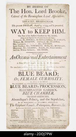 Theater Bill, Birmingham Theater, 1799, Sozialgeschichte, Papier, gedruckte Materialien, Musik, Theater, Birmingham Geschichte, Theater, Performer Stockfoto