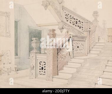 Staircase, Aston Hall,1824-82 Allen Edward Everitt, 19. Jahrhundert, Bleistift, Papier, topografische Ansichten, Rahmen, Arbeiten auf Papier Stockfoto