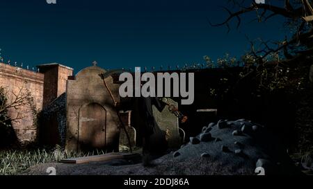Ein Friedhof und Todesskelett in der Kapuze stehen auf Es mit einer Sense auf einem nächtlichen Hintergrund - 3d Rendering Stockfoto