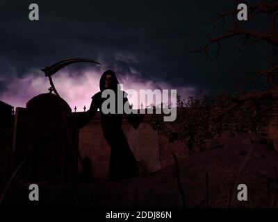Ein Friedhof und Todesskelett in der Kapuze stehen auf Es mit einer Sense auf einem nächtlichen Hintergrund - 3d Rendering Stockfoto