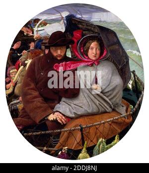 The Last of England, 1852-1855 Künstler: Ford Madox Brown, Reisen, Auswanderung, Einwanderung, Boot, Familie, Regenschirm, Kostüm, Hut, Bonnet, Segeln, 19. Jahrhundert, Ölgemälde, Pre-Raphaelite, Meer, Wellen, Weiblich, Kind, Männlich, Runde, Kostüm, Hut, Klippe, Schiff, Nautik, Maritime Stockfoto