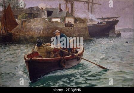 Homeward, 1885 Charles Napier Hemy, Boot, Ölgemälde, Seascape, Wellen, Cornwall, Hafen, Marine Art, Angeln, England, West Country, Schiff, Nautik, Maritime Stockfoto