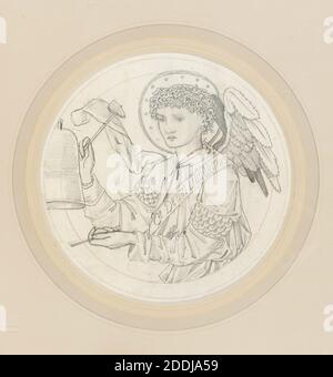 Engel spielt auf Glocken, 1865 Sir Edward Burne-Jones (gest.1898), Design for Church, St. John the Evangelist, Torquay, 19th Century, Ink, Pencil, Kreide, Religion, Christian, Angel, Hammer, Mixed Media, Round, Bell, England, Devon, Works on Paper Stockfoto