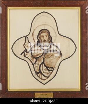 Christ in Majesty, 1863 Sir Edward Burne-Jones (gest.1898), Quatrefoil Design of Christ mit erhobener rechter Hand, hält Sonne in der Hand., Kunstbewegung, Pre-Raphaelite, 19. Jahrhundert, Tinte, Bleistift, Religion, Jesus, Design, Quatrefoil, Religion, Jesus Christus, Werke auf Papier Stockfoto