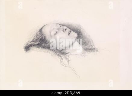 Ophelia, Head Study, 1852 John Everett Millais, von der Website Pre-Raphaelites.org: "Millais bat Elizabeth Siddal, Ende 1851 für sein Gemälde "Ophelia" (Tate Gallery, London) zu posieren, doch sie konnte bis Januar 1852 nicht in sein Atelier kommen. Dort, um die ertrinkende Heldin von "Hamlet" zu simulieren, lag sie berühmt in einem Bad mit Wasser, erwärmt von Lampen darunter platziert.", Kunstbewegung, Pre-Raphaelite, Zeichnung, Bleistift, Frauen, Literatur, William Shakespeare, Skizze, Weiblich, Literatur, Charakter Stockfoto