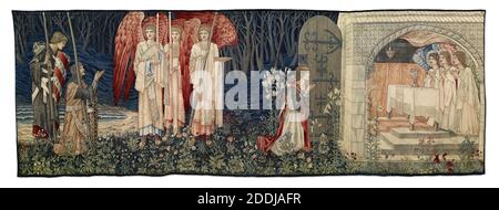 Die Suche nach dem Heiligen Gral Wandteppiche, Tafel 6, die Errungenschaft; die Vision des Heiligen Grals an Sir Galahad, Sir Bors und Sir Percival, 1895-96 Designer: Sir Edward Burne-Jones Designer: William Morris Designer: John Henry Dearle Hersteller: Morris & Co, das sechste Erzählpanel der Serie., Angewandte Kunst, Kunst und Handwerk, Textilien, AngelPräraffaelite, Tapisserie, Ritter, Artuslegende, Heiliger Gral Stockfoto