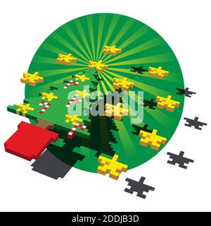 Eine Würfelpixel-Illustration eines Weihnachtsbaums mit Sternen und Candy Canes vor einem grünen kreisförmigen Hintergrund. Stock Vektor