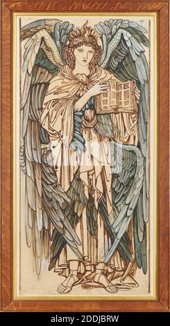 Die Engel der Hierarchie, Cherubim, 1873 Künstler: Sir Edward Burne-Jones (gest.1898) Assistent: Charles Fairfax Murray (gest.1919), Hersteller: Morris & Co, Ganzgeflügelte Figur, Vorderseite, mit Augenmotiv bedeckt, offenes Buch haltend. Design for Jesus College, Cambridge, Buch, Kunstbewegung, Pre-Raphaelite, 19. Jahrhundert, Zeichnung, Aquarell, Bleistift, Gouache, Papier, Engel, Rahmen, Mixed Media, Wash-Zeichnung, in voller Länge, Werke auf Papier Stockfoto