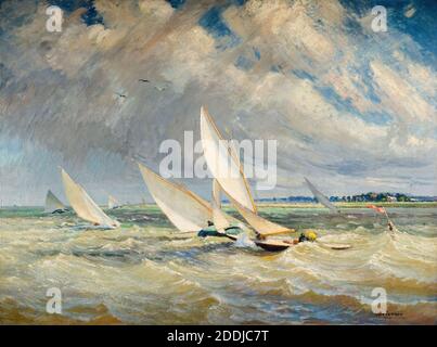 Yachten Racing in Schlechtwetter, Burnham-on-Crouch, 1919 von Alice Maude Taite Fanner (gest.1930), Boot, Segeln, Ölgemälde, Meer, Seeseite, Wellen, Himmel, Wetter, Wind, Küste, Strand, Meereskunst, Schiff, Nautik, Maritime Stockfoto