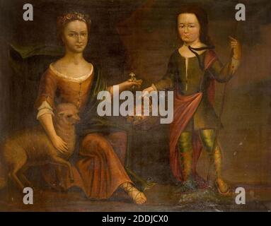 Zwei Kinder Der Familie Holte, 1800 British School, Mädchen, Ölgemälde, Porträt, Tier, Schaf, Kind, Junge Stockfoto