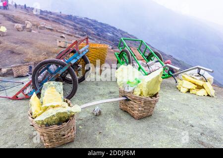 Schwefelabbau am KawaIjen-Krater in Banyuwangi, Indonesien Stockfoto