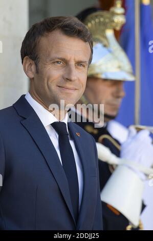 Der französische Präsident Emmanuel Macron zeigt sich auf dem Elysee-Palast in Paris, Frankreich, 10. Juli 2019. Foto von Eliot Blondt/ABACAPRESS.COM Stockfoto