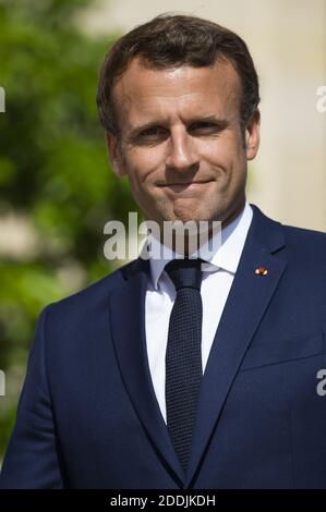 Der französische Präsident Emmanuel Macron zeigt sich auf dem Elysee-Palast in Paris, Frankreich, 10. Juli 2019. Foto von Eliot Blondt/ABACAPRESS.COM Stockfoto