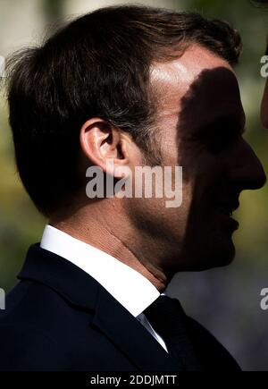 Der französische Präsident Emmanuel Macron zeigt sich auf dem Elysee-Palast in Paris, Frankreich, 10. Juli 2019. Foto von Eliot Blondt/ABACAPRESS.COM Stockfoto
