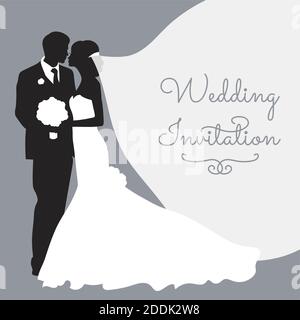 Romantische Hochzeit Silhouetten mit Text auf grau. Stock Vektor