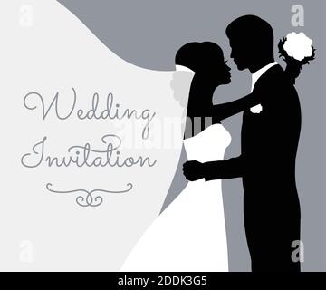 Romantische Hochzeit Silhouetten mit Text auf grau. Stock Vektor