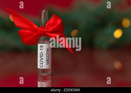 Eine Ampulle des COVID-19 Coronavirus-Impfstoffs steht als Geschenk in der Nähe eines Weihnachtsbaum Zweig mit Lichtern auf einem Roter Hintergrund Stockfoto