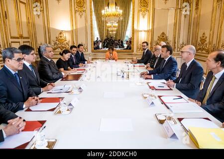 Der französische Präsident Emmanuel Macron empfängt am 11. Juli 2019 den ecuadorianischen Präsidenten Lenin Moreno im Palais de l'Elysée in Paris. Foto von Pool/ABACAPRESS.COM Stockfoto