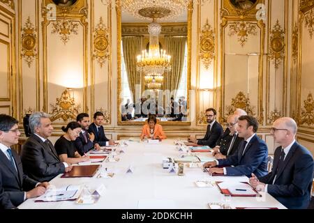 Der französische Präsident Emmanuel Macron empfängt am 11. Juli 2019 den ecuadorianischen Präsidenten Lenin Moreno im Palais de l'Elysée in Paris. Foto von Pool/ABACAPRESS.COM Stockfoto