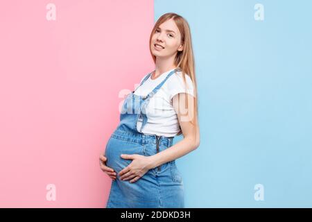 Eine schöne junge schwangere emotionale Frau in einem Jeansjumpsuit Posen auf einem isolierten rosa und blauen Hintergrund Stockfoto