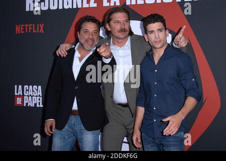 Enrique Arce, Luka Peros und Jaime Lorente bei der Premiere der 3. Staffel von La Casa De Papel in der Monnaie de Paris am 15. Juli 2019. Foto von Aurore Marechal/ABACAPRESS.COM Stockfoto