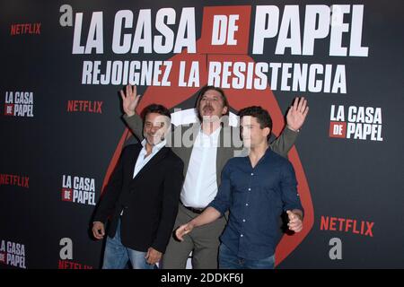 Enrique Arce, Luka Peros und Jaime Lorente bei der Premiere der 3. Staffel von La Casa De Papel in der Monnaie de Paris am 15. Juli 2019. Foto von Aurore Marechal/ABACAPRESS.COM Stockfoto