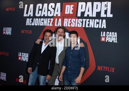 Enrique Arce, Luka Peros und Jaime Lorente bei der Premiere der 3. Staffel von La Casa De Papel in der Monnaie de Paris am 15. Juli 2019. Foto von Aurore Marechal/ABACAPRESS.COM Stockfoto