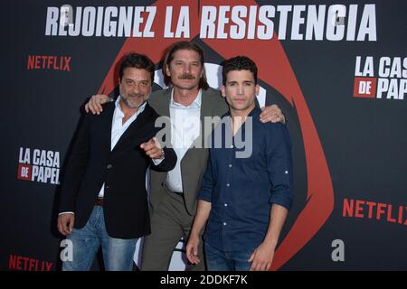 Enrique Arce, Luka Peros und Jaime Lorente bei der Premiere der 3. Staffel von La Casa De Papel in der Monnaie de Paris am 15. Juli 2019. Foto von Aurore Marechal/ABACAPRESS.COM Stockfoto