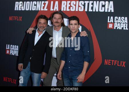 Enrique Arce, Luka Peros und Jaime Lorente bei der Premiere der 3. Staffel von La Casa De Papel in der Monnaie de Paris am 15. Juli 2019. Foto von Aurore Marechal/ABACAPRESS.COM Stockfoto
