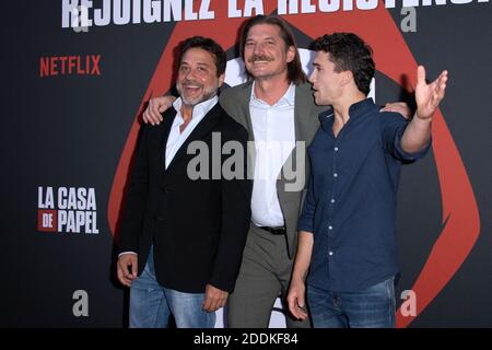 Enrique Arce, Luka Peros und Jaime Lorente bei der Premiere der 3. Staffel von La Casa De Papel in der Monnaie de Paris am 15. Juli 2019. Foto von Aurore Marechal/ABACAPRESS.COM Stockfoto