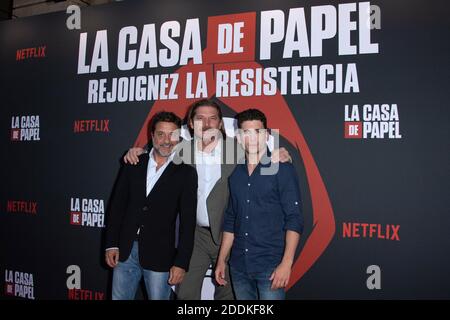 Enrique Arce, Luka Peros und Jaime Lorente bei der Premiere der 3. Staffel von La Casa De Papel in der Monnaie de Paris am 15. Juli 2019. Foto von Aurore Marechal/ABACAPRESS.COM Stockfoto
