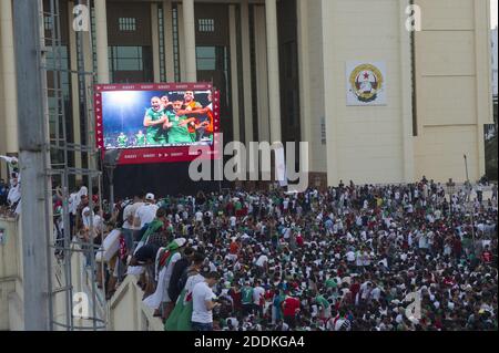 Die Fans der algerischen Fußballnationalmannschaft feiern auf den Straßen, nachdem Algerien nach ihrem Sieg gegen Senegal im Finale zum Sieger des Afrika-Cup der Nationen 2019 gekürt wurde. Algerien, Algier am 19. Juli 2019. Foto von Ammi Louiza/ABACAPRESS.COM Stockfoto