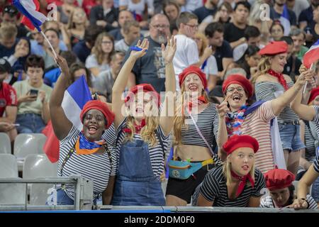 Französische Fans während des 2019 Rugby World Cup Warm-up-Spiel Frankreich gegen Italien im Stade De France am 30. August 2019 in Paris, Frankreich. Frankreich gewann 47-19. Foto von Loic Baratoux/ABACAPRESS.COM Stockfoto