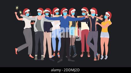 Mix Rennen Menschen in Masken halten Wunderkerzen Neujahr weihnachten Feiertage Feier coronavirus Quarantäne Konzept volle Länge horizontale Vektor Illustration Stock Vektor