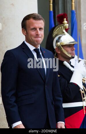 Der französische Präsident Emmanuel Macron nach einem Treffen am 17. September 2019 im Elysée-Palast in Paris. Foto von Raphael Lafargue/ABACAPRESS.COM Stockfoto