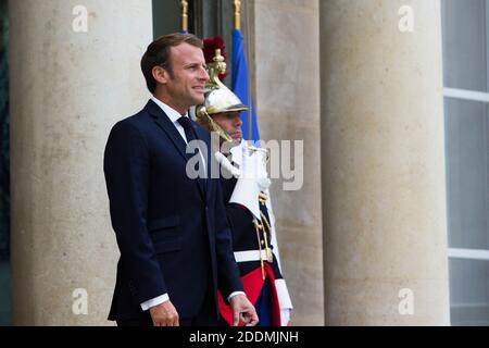 Der französische Präsident Emmanuel Macron nach einem Treffen am 17. September 2019 im Elysée-Palast in Paris. Foto von Raphael Lafargue/ABACAPRESS.COM Stockfoto