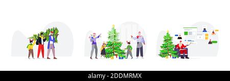 Stellen Sie die Menschen, die sich auf die Winterferien ein frohes neues Jahr vorbereiten weihnachten Feier coronavirus Quarantäne Konzept horizontale Vektor-Illustration Stock Vektor