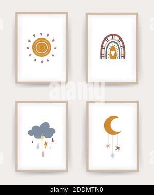 Boho Poster mit Regenbogen, Sonne, Mond und Wolke. Skandinavisches Design für Tapeten und Wohnkultur. Stock Vektor