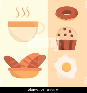 Frühstück Brot Cupcake Spiegelei Kaffee Essen Menü in Cartoon Flache Symbole setzen Vektordarstellung Stock Vektor
