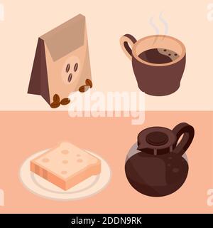 Kaffee Brühpaket Topf Brot isometrische Symbole Vektor-Illustration Stock Vektor
