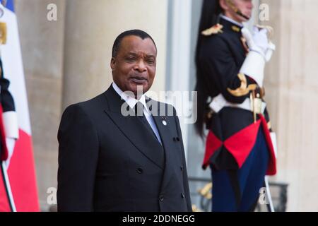Der Präsident der Demokratischen Republik Kongo, Denis Sassou Nguesso, verlässt am 30. September 2019 nach einem Mittagessen nach einem Gottesdienst für den ehemaligen französischen Präsidenten Jacques Chirac den Präsidentenpalast Elysee in Paris. Der frühere französische Präsident Jacques Chirac starb am 26. September 2019 im Alter von 86 Jahren. Foto von Raphael Lafargue/ABACAPRESS.COM Stockfoto