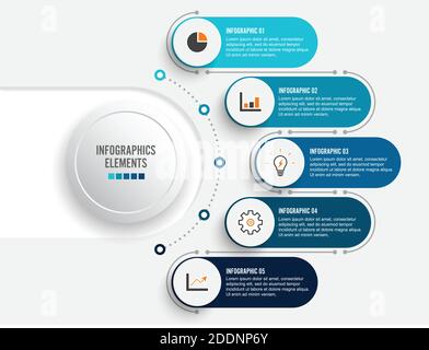 Visualisierung von Geschäftsdaten. Prozessdiagramm. Abstrakte Elemente des Graphen, Diagramm mit 5 Schritten, Optionen, Teile oder Prozesse. Vektor-Geschäftsvorlage. Stock Vektor