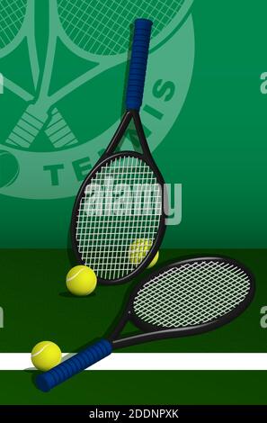 Tennisschläger und Bälle liegen auf dem Rasen des Tennisplatzes. Sportausrüstung und Inventar. Realistischer Vektor Stock Vektor
