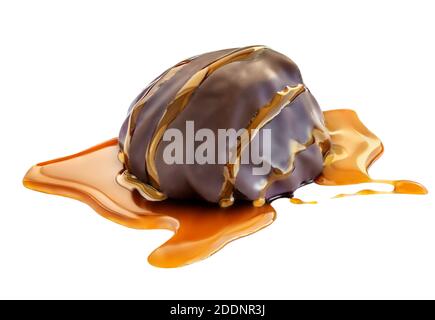 Schokolade candie mit Karamell-Sauce isoliert auf weißem Hintergrund bedeckt. Toffee Karamell Bonbon aus nächster Nähe Stockfoto