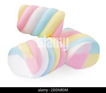 Marshmallow Süßigkeiten isoliert auf weißem Hintergrund. Nahaufnahme von Regenbogenfarben Marshmallows Kaufreuden aus nächster Nähe Stockfoto