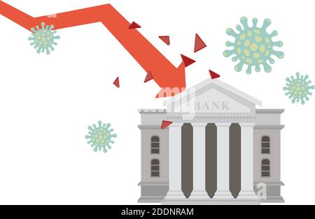 Roter Pfeil geht unten umgeben mit Virus in die Bank. Konzept der Corona-Virus Auswirkungen auf die Wirtschaft. Flache Vektorgrafik. Stock Vektor