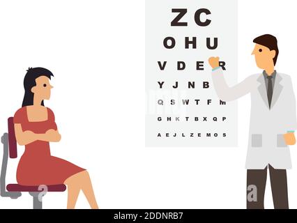 Männliche Augenheilkunde Arzt in Uniform zeigt auf ein Auge-Test-Chart mit einer jungen Frau. Medizin, Optiker oder Gesundheitskonzept. Flacher Vektorstil Stock Vektor