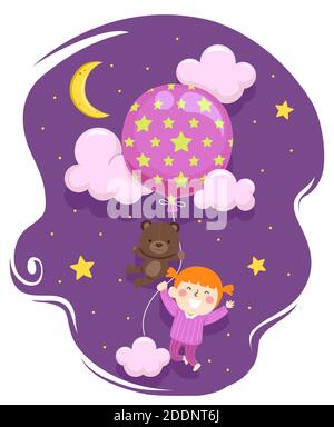 Illustration von ein Kind Mädchen im Pyjama mit Teddybär Spielzeug von einem Ballon unter dem Nachthimmel getragen Stockfoto