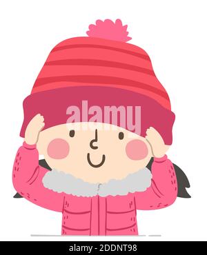 Illustration von einem Kind Mädchen immer bereit für den Tag Tragen Winterjacke und Arrangieren ihre Mütze Bonnet Stockfoto